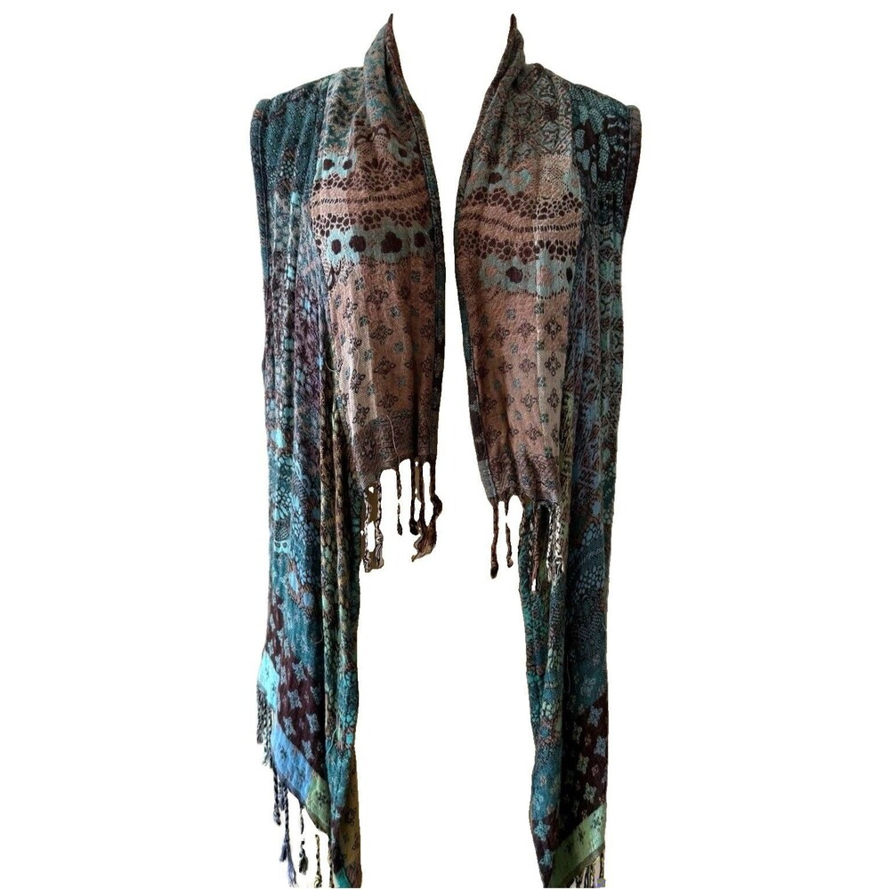Anu Viscose Jacquard Multicolor Floral Fringe Shawl Wrap M Boho Vest Patchwork